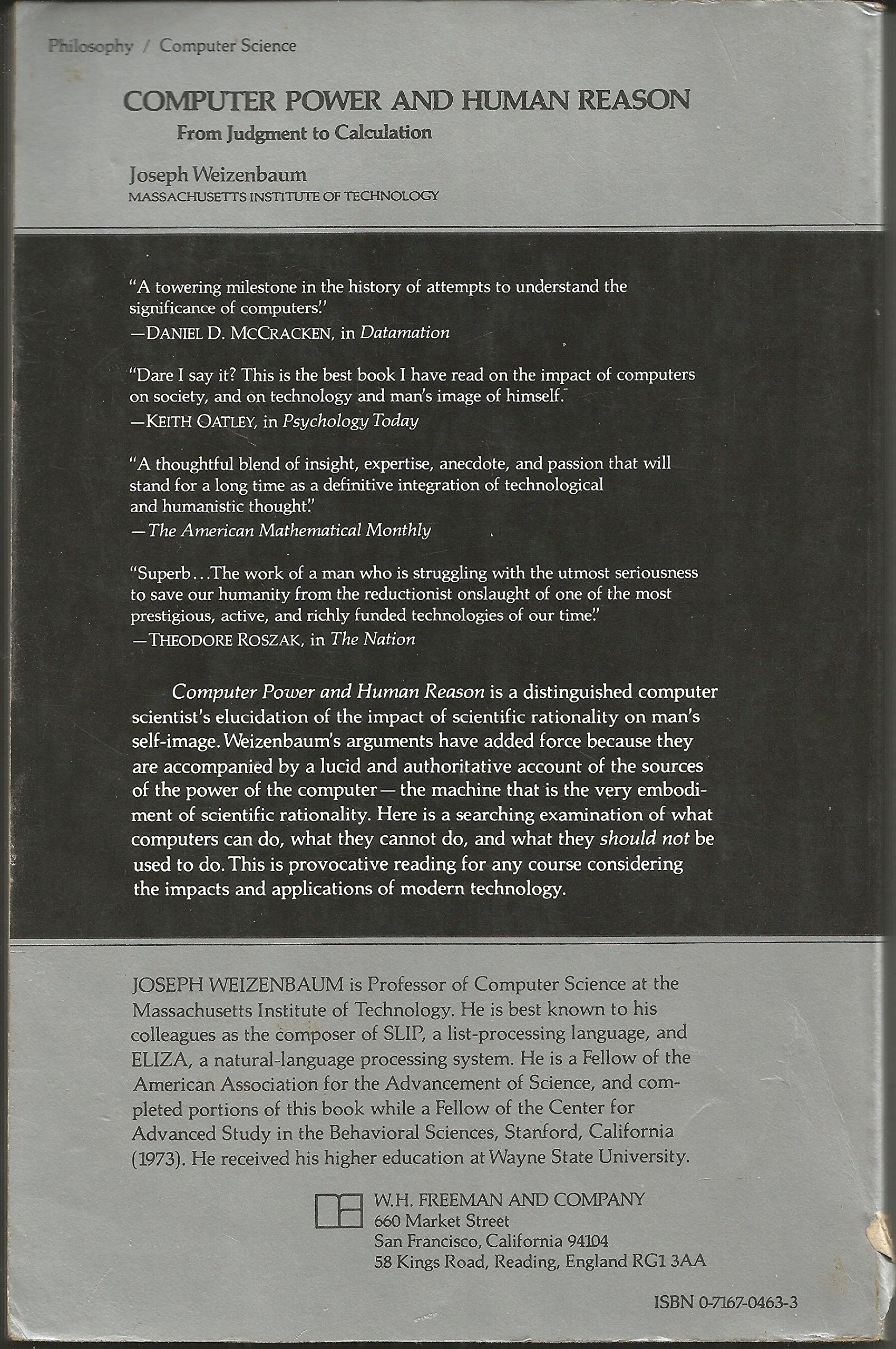 Computer Power and Human Reason: From Judgment to Calculation,Used